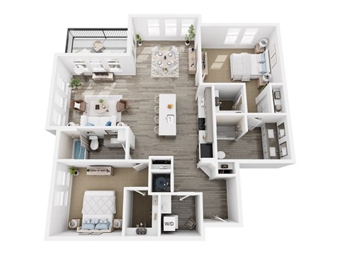 A top down view of a small apartment with a kitchen, living room, and bedroom.